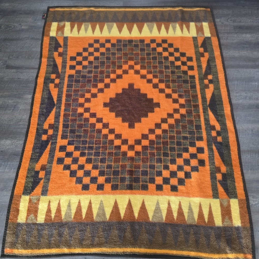 Bierderlack Vtg Aztec Plush Acrylic‎ Blanket Reversible Throw Orange Brown Retro